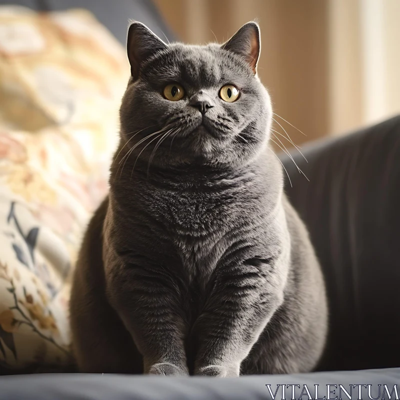 Plump Gray Feline on Floral Cushioned Chair AI Image