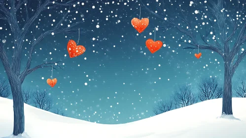 Snowy Night with Heart Ornaments on Trees