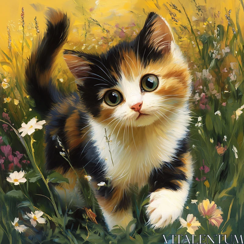 Cute Calico Kitten Among Wildflowers AI Image