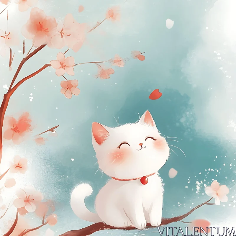 Charming White Cat on Cherry Blossom Branch AI Image