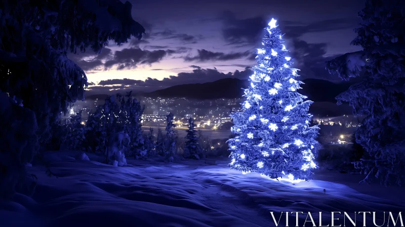 AI ART Glowing Christmas Tree in Winter Wonderland