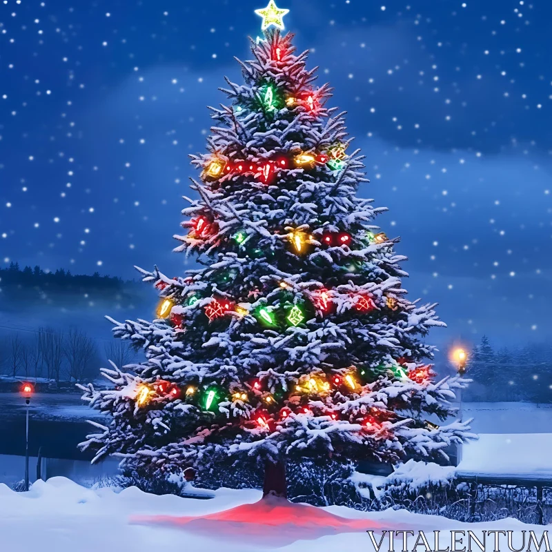 Outdoor Christmas Tree with Snow and Lights AI Image