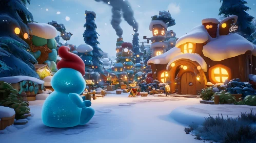 Enchanting Snowy Village with Snowman