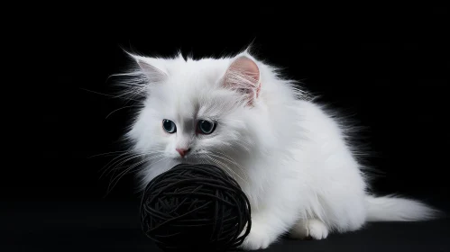 Adorable White Fluffy Kitten with Yarn