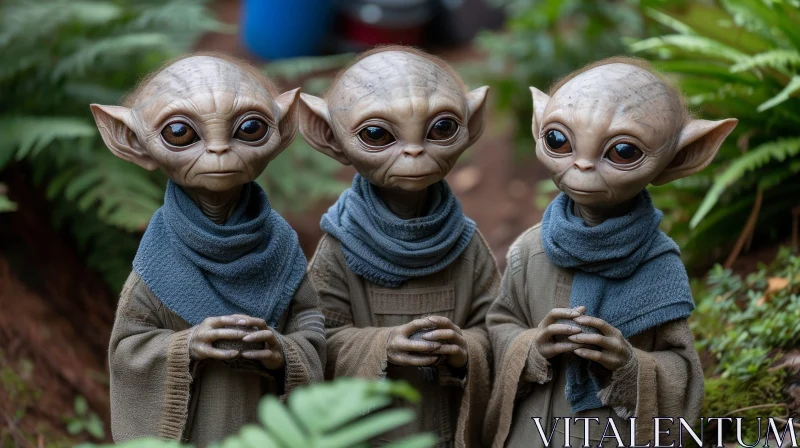 Alien Creatures in Brown Robes Among Green Foliage AI Image