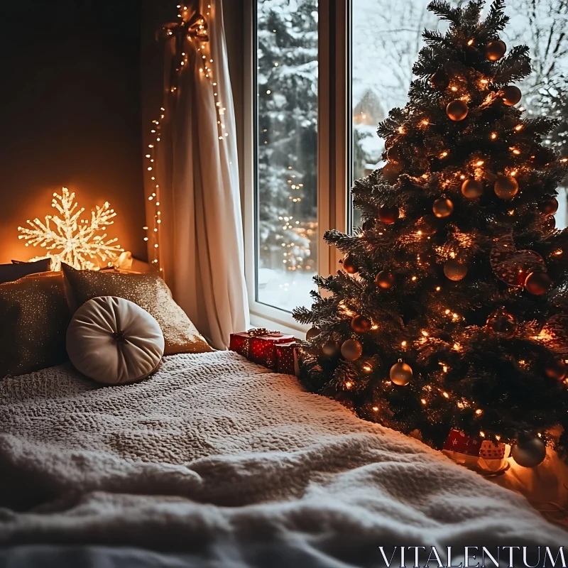 Festive Bedroom Decor with Christmas Tree AI Image