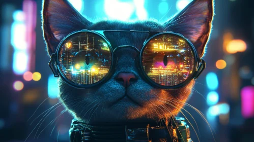 Cyberpunk Cat with Reflective City Glasses