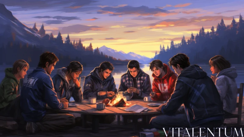 Campfire Gathering in Wilderness - Serene Nature Painting AI Image