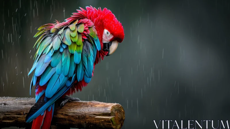 Colorful Parrot in Rain on Branch | Vibrant Nature Photography AI Image