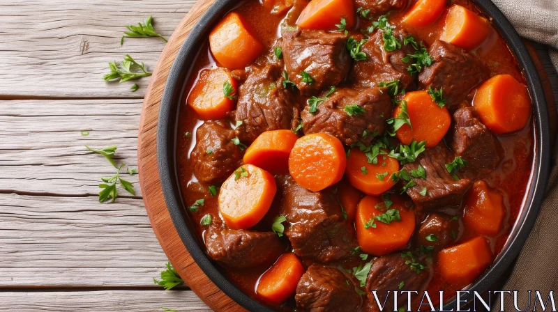 Delicious Beef Stew with Carrots and Parsley in a Rustic Bowl AI Image