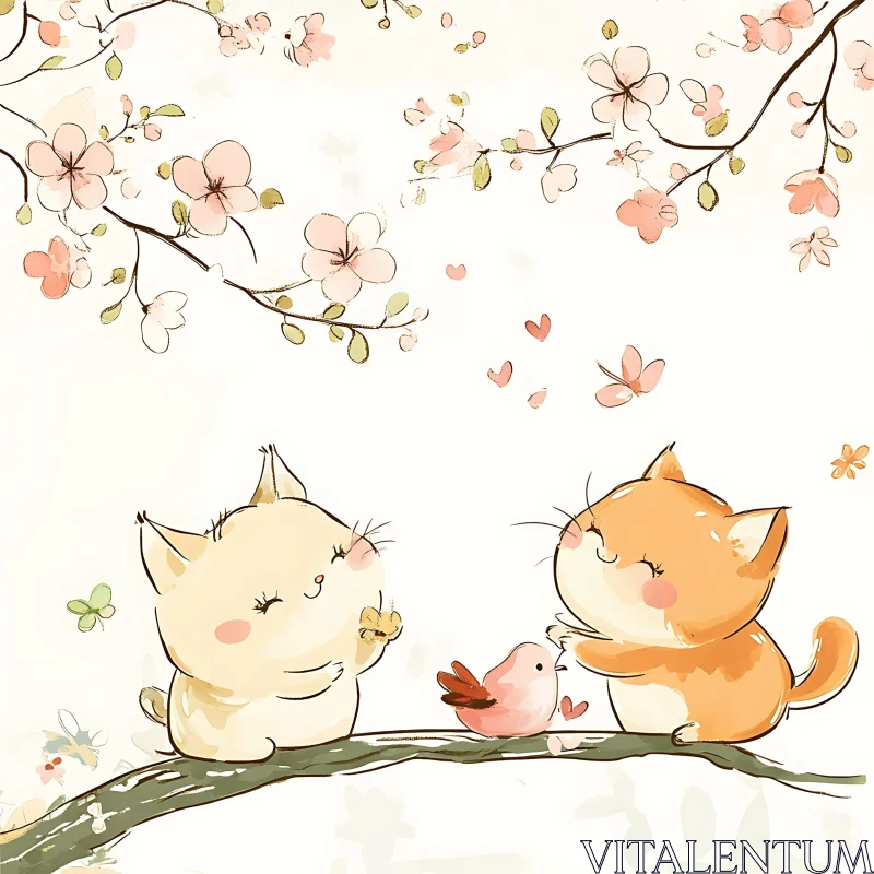 Cute Cartoon Cats with Spring Blossoms AI Image