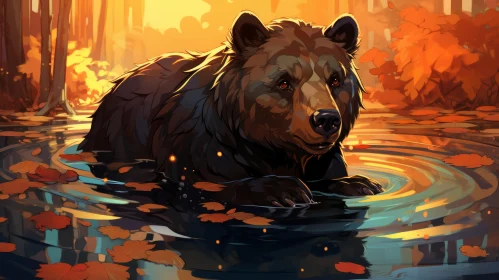 Enchanting Autumn Bear Artwork in Forest Water