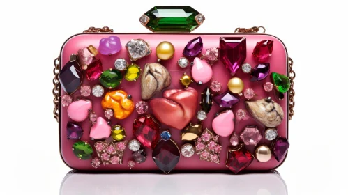 Exquisite Pink Handbag with Gemstones and Gold Chain