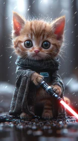 Ginger Kitten with a Cloak and Lightsaber in Rain