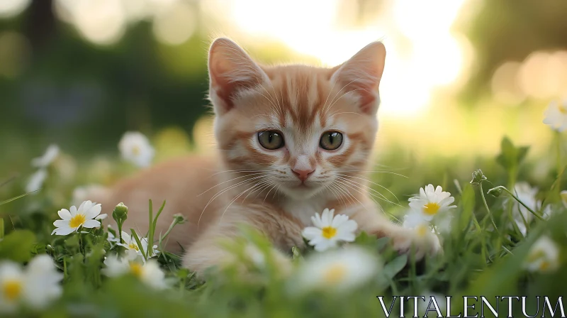 Cute Kitten in a Garden of Daisies AI Image