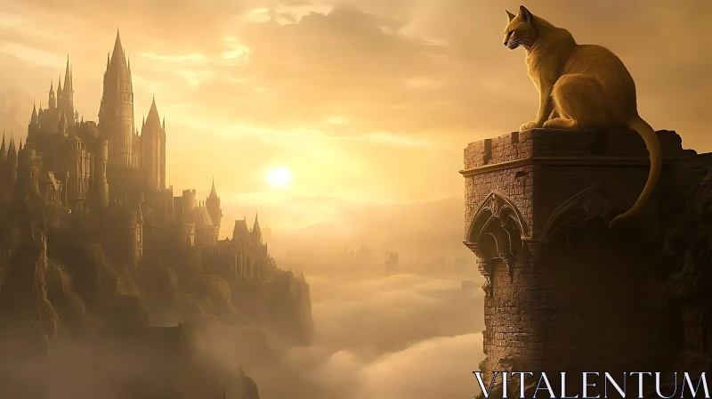 Ethereal Sunset with Castle and Giant Cat AI Image