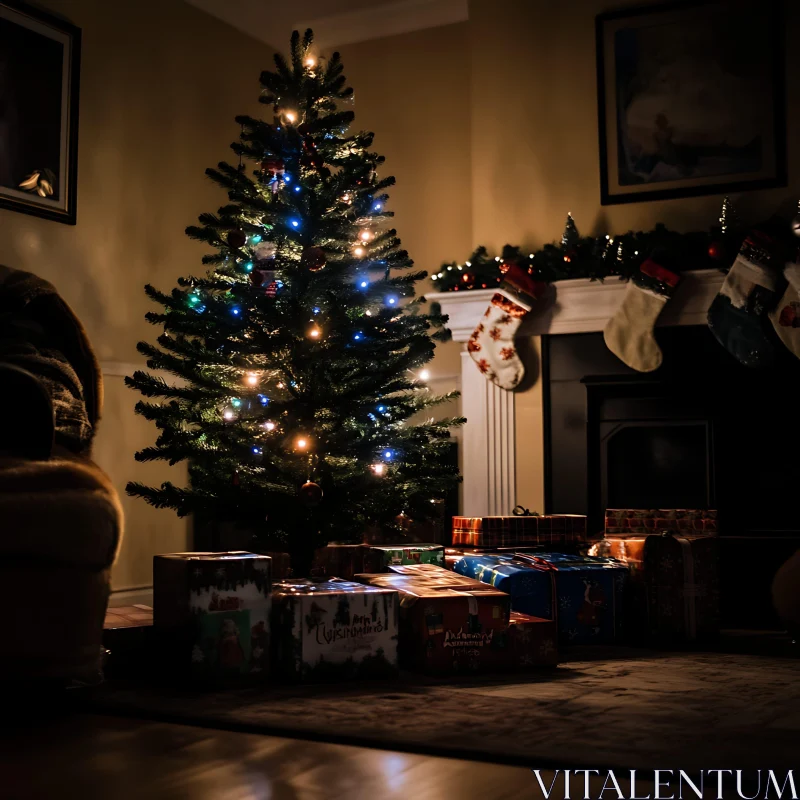 Warm Holiday Scene with Christmas Tree and Gifts AI Image