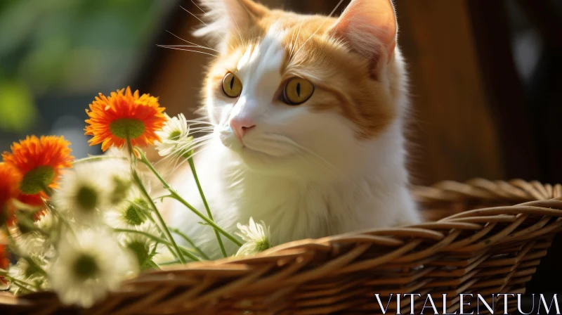 Ginger and White Cat in Wicker Basket with Flowers AI Image