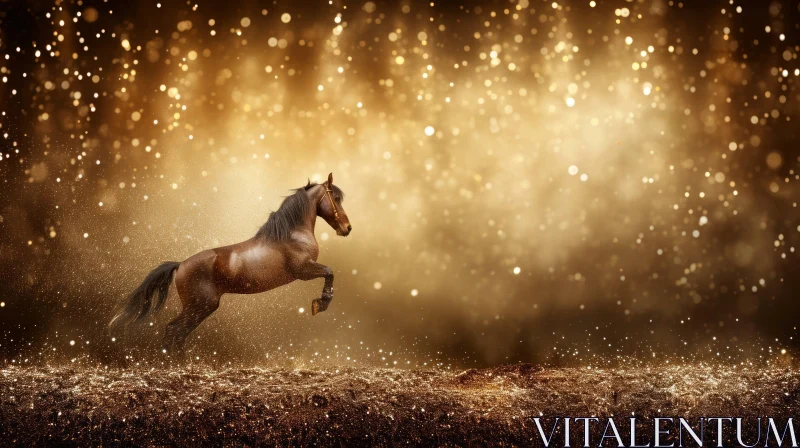 Majestic Horse Running on Golden Background with Glitter AI Image