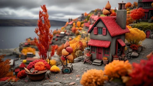 Miniature Cottage with Colorful Autumn Colors on a Lake - Sculpture-based Photography