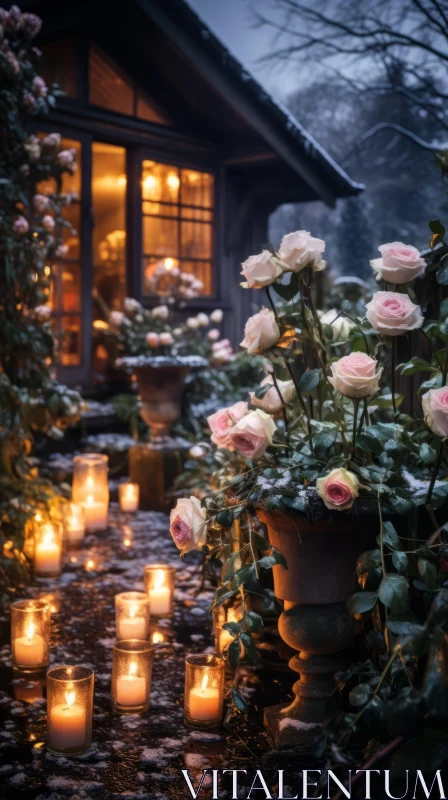 Romantic Candlelit Side Yard with Roses | Snow Scenes | Cabincore AI Image