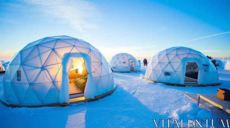 Snowy Mountain Geodesic Domes at Sunset AI Image