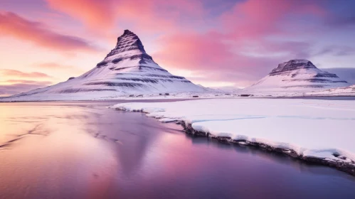 Spectacular Sunset in Iceland: Snow-Covered Mountains and Calm Waters