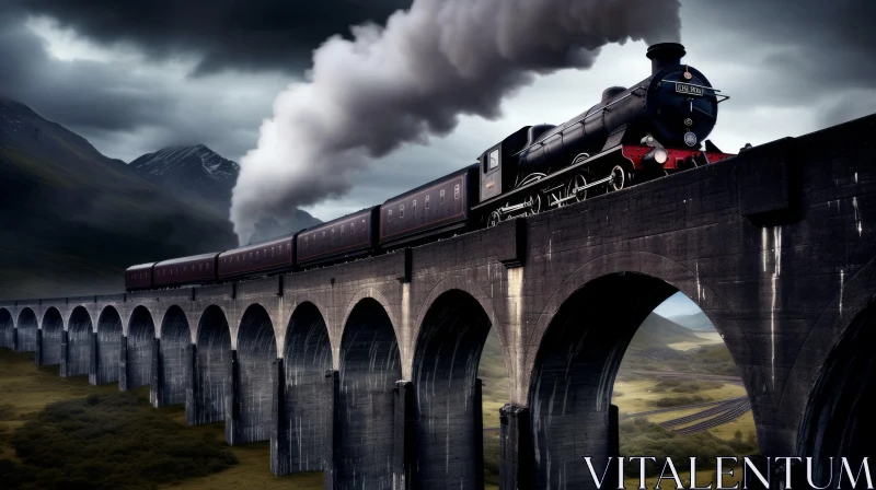 Steam Train on Archway: Gothic Influence and PS1 Graphics AI Image