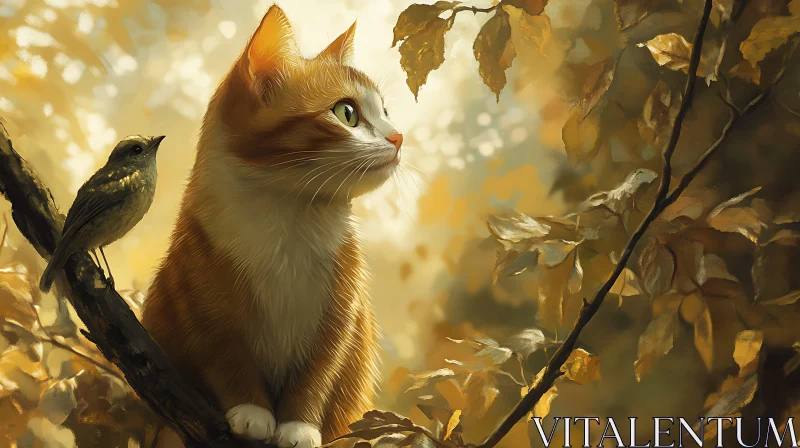 Autumn Companionship: Cat and Bird in Foliage AI Image