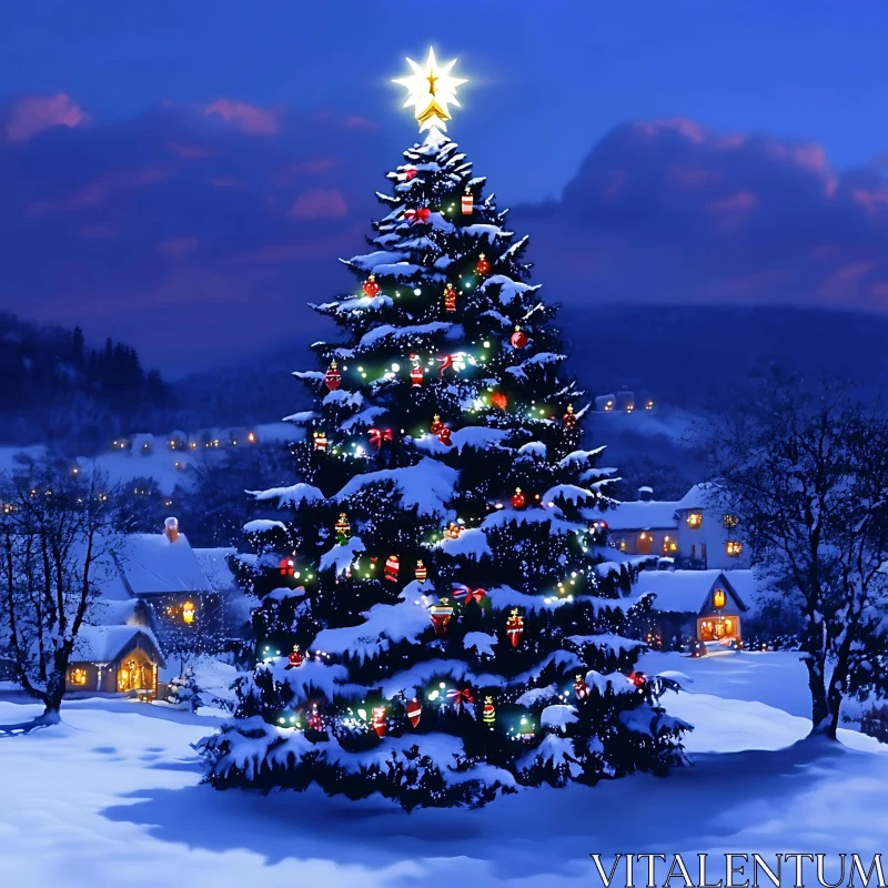 Glistening Christmas Tree Amidst a Winter Wonderland AI Image