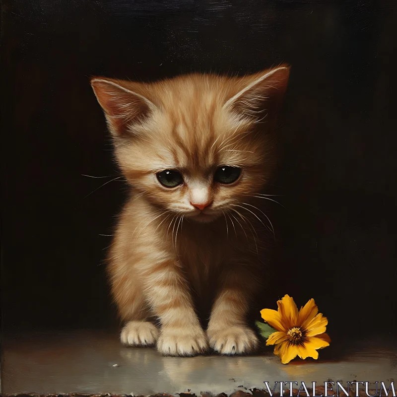 AI ART Sad Ginger Kitten and Yellow Flower