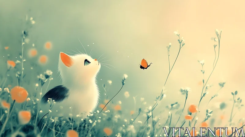 AI ART Kitten Mesmerized by Butterfly in Blooming Field