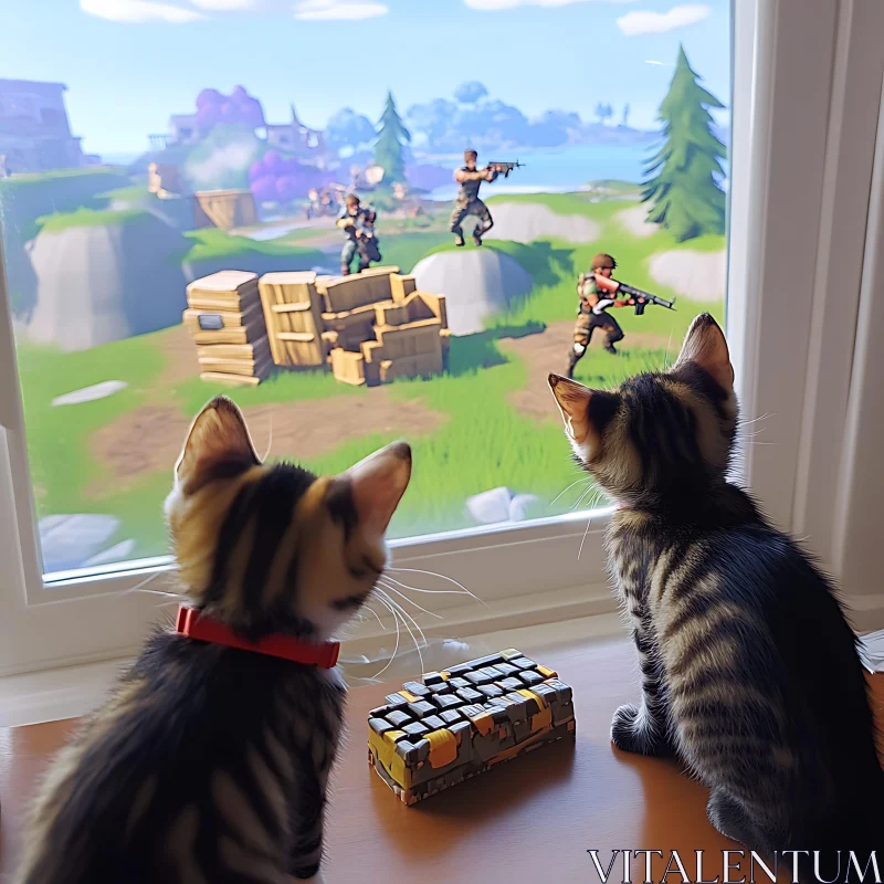 Kittens Observing Animated Battle Through Window AI Image