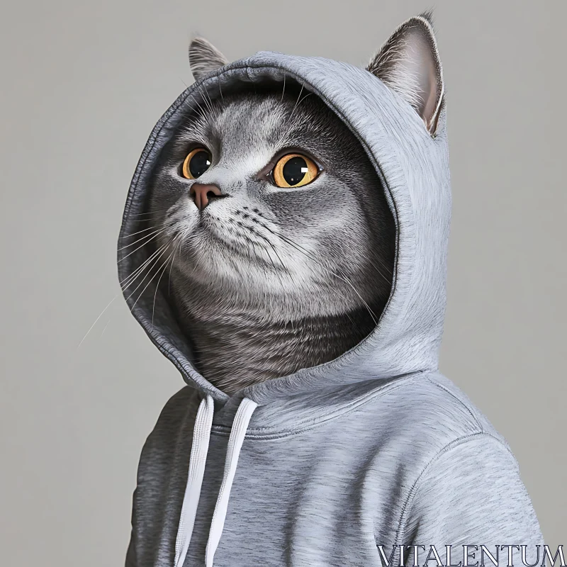 Fashionable Gray Cat in Hoodie AI Image