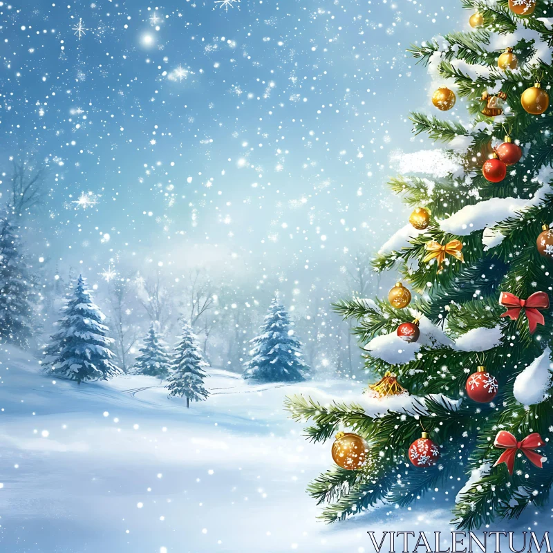 Christmas Tree with Ornaments in a Winter Wonderland AI Image