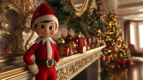 Festive Elf Figurine by a Decorated Fireplace