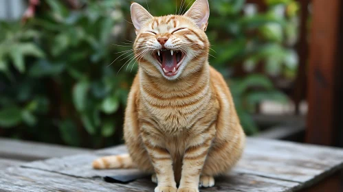 Ginger Cat Mid-Yawn Surrounded by Nature