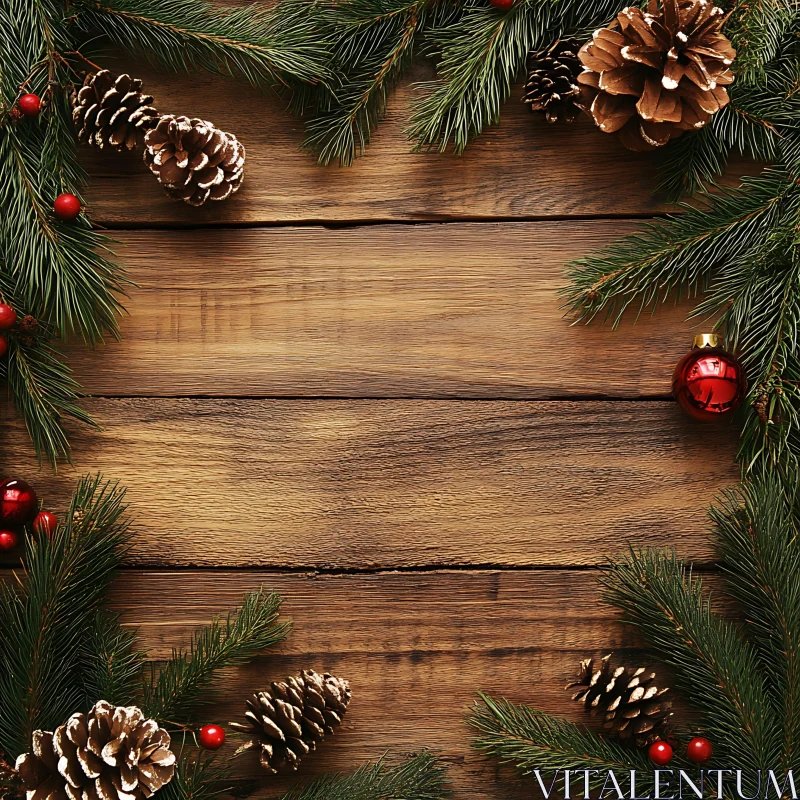 Christmas Wooden Background with Pine Branches and Pinecones AI Image