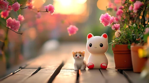 Kitten and Cat Toy with Pink Blossoms