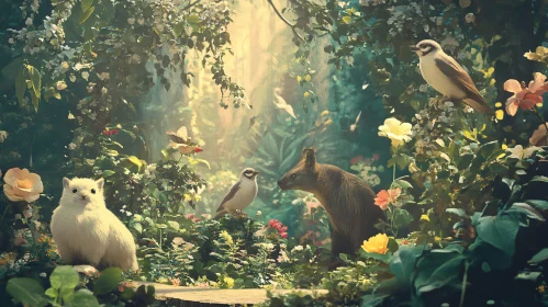 Tranquil Nature with Animals and Blossoming Garden