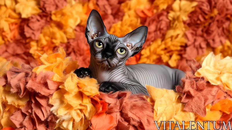 Sphynx Kitten Amidst Colorful Flowers AI Image