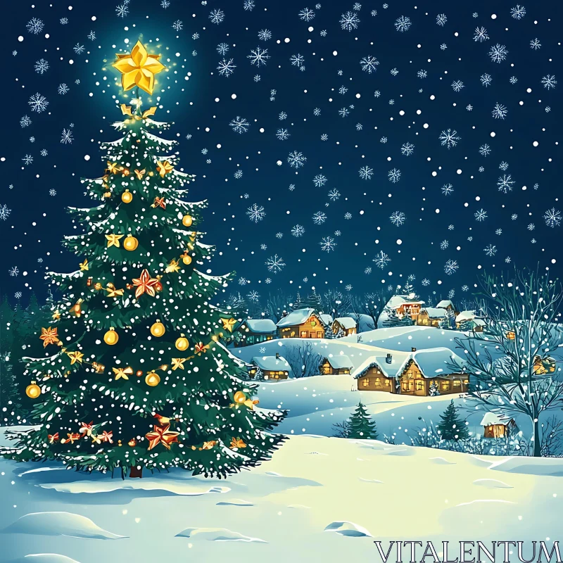 Magical Christmas Tree and Snowy Village at Night AI Image