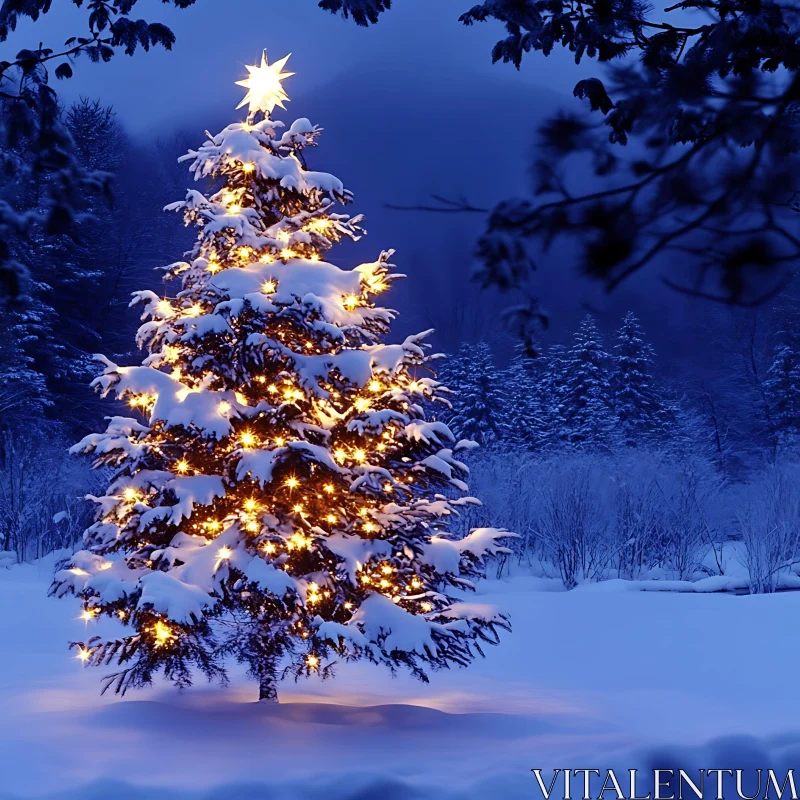 Snow-Covered Christmas Tree with Twinkling Lights AI Image