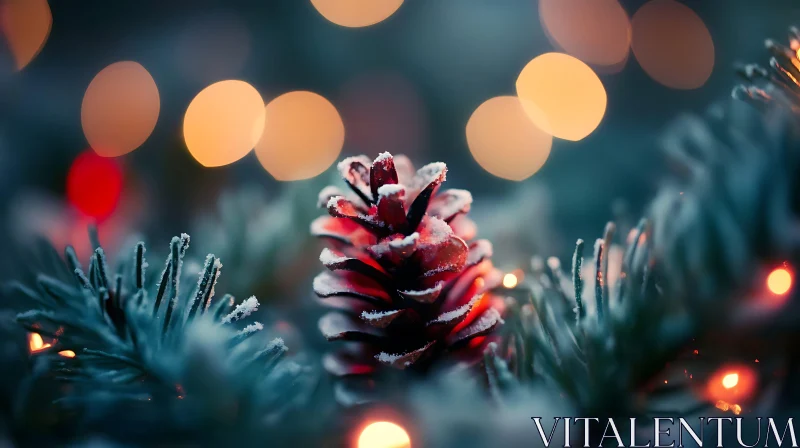 Snow-Covered Pine Cone in Winter Lights AI Image