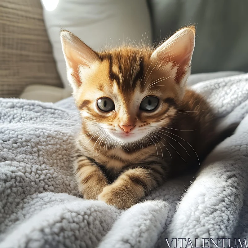 Cute Kitten Relaxing on Gray Blanket AI Image