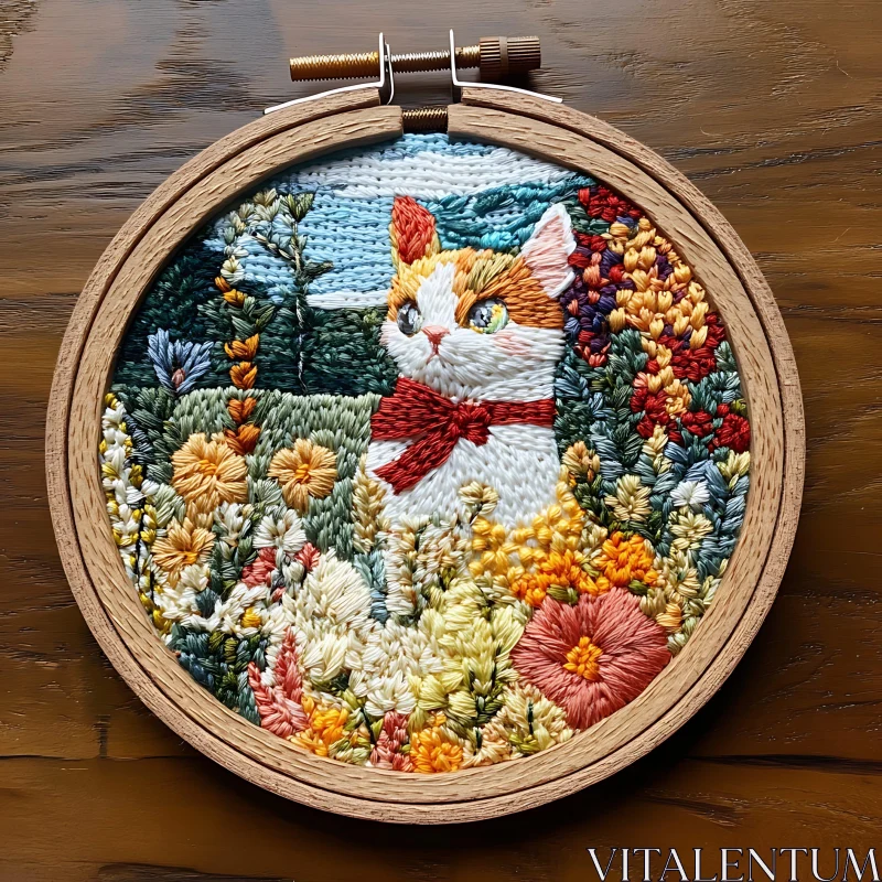 Vibrant Embroidery Art of Cat in Floral Field AI Image