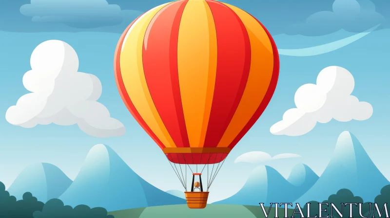 Cartoon Hot Air Balloon Ride Over Mountain Landscape AI Image