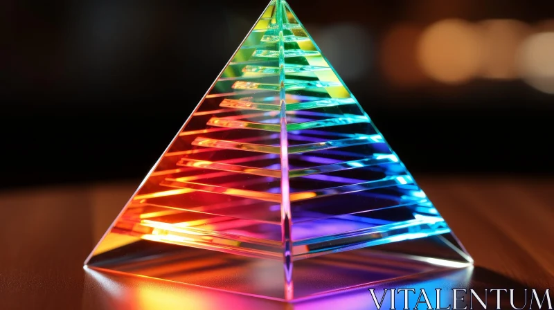 Crystal Pyramid on Wooden Table AI Image