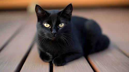 Black Cat Lying on Wooden Floor