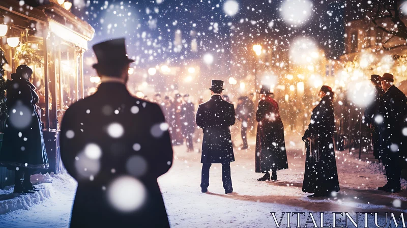 Elegantly Dressed Crowd in a Snowy Vintage Street AI Image